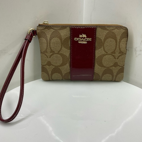 Coach Khaki/ Burgundy Signature PVC Leather Corner Zip Wallet Wristlet - Picture 2 of 6